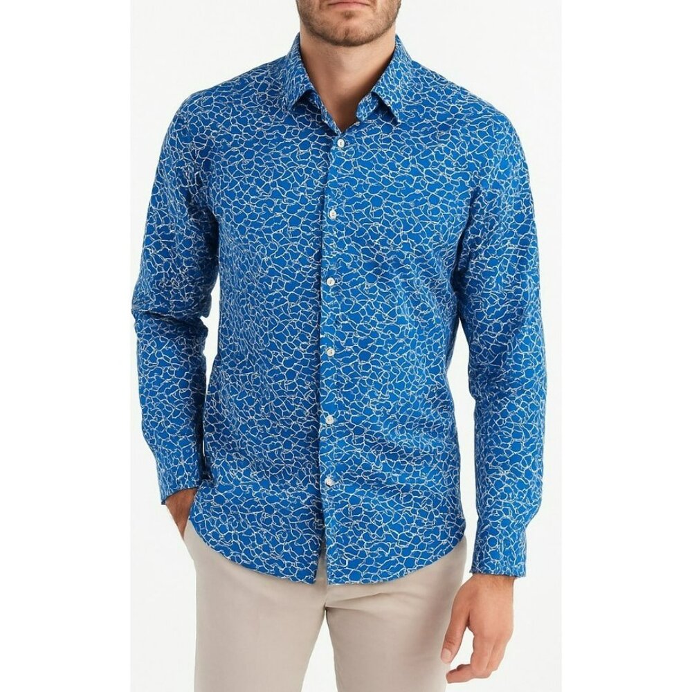 Poggianti 1958 Button Up Long Sleeves Shirt Men's 40 15 3/4 Abstract Blue White